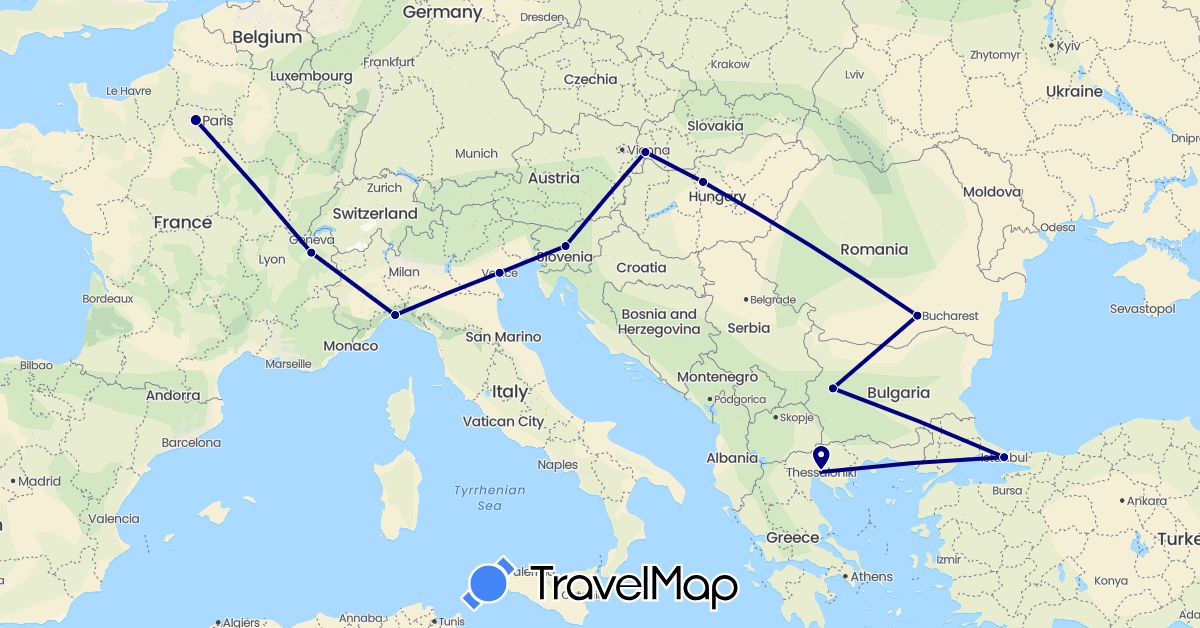 TravelMap itinerary: driving in Bulgaria, France, Greece, Hungary, Italy, Romania, Slovenia, Slovakia, Turkey (Asia, Europe)